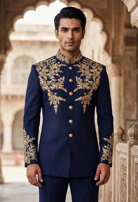 Golden Embroidered Navy Blue Prince Suit