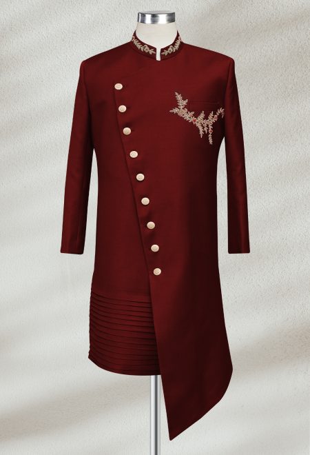 Angle Cut Maroon Sherwani