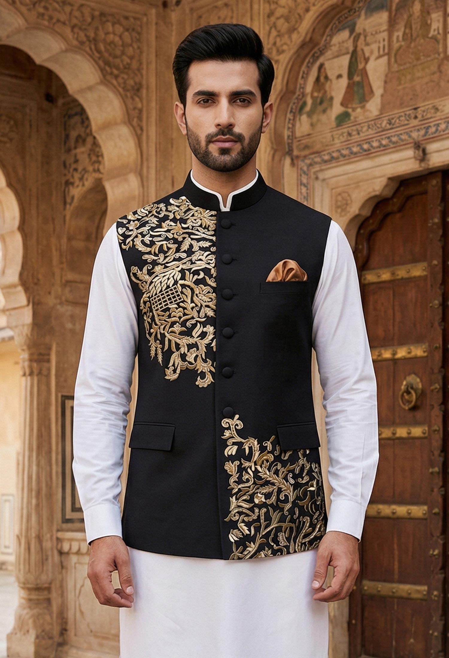 06-Sk-Web Black Embroidered Waistcoat Black Embroidered Waistcoat