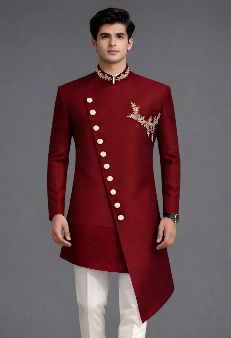 Angle Cut Maroon Sherwani
