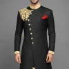 Black Angle Cut Sherwani with Golden Embroidery