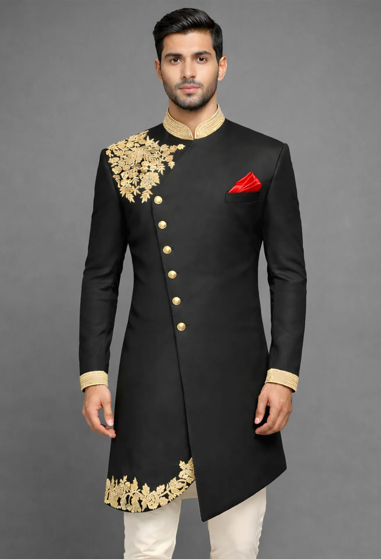 Black Angle Cut Sherwani With Golden Embroidery Black Angle Cut Sherwani with Golden Embroidery