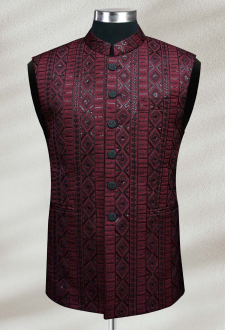 Deep Maroon Embroidered Waistcoat