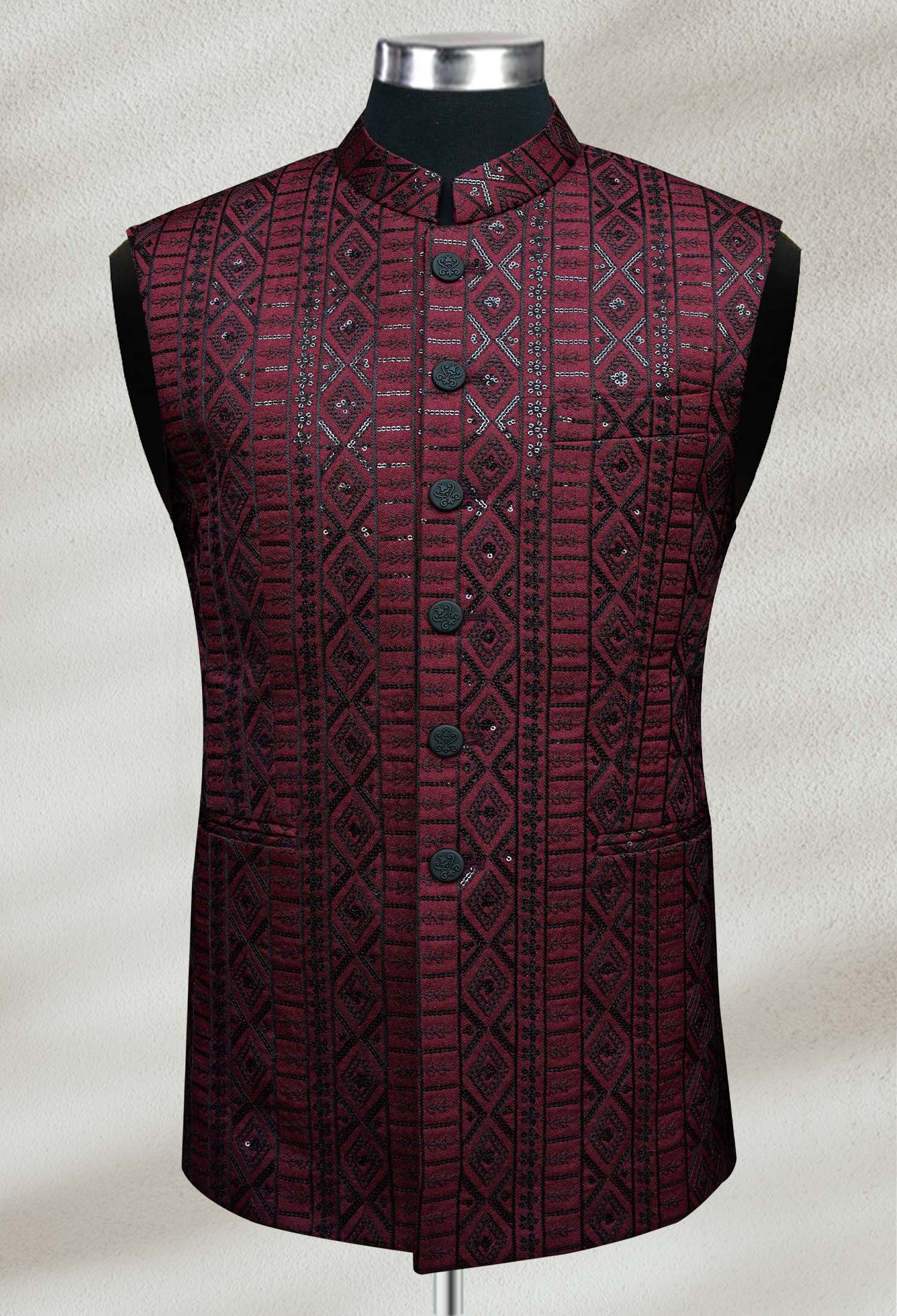 01 Sk Web Copy Deep Maroon Embroidered Waistcoat Deep Maroon Embroidered Waistcoat