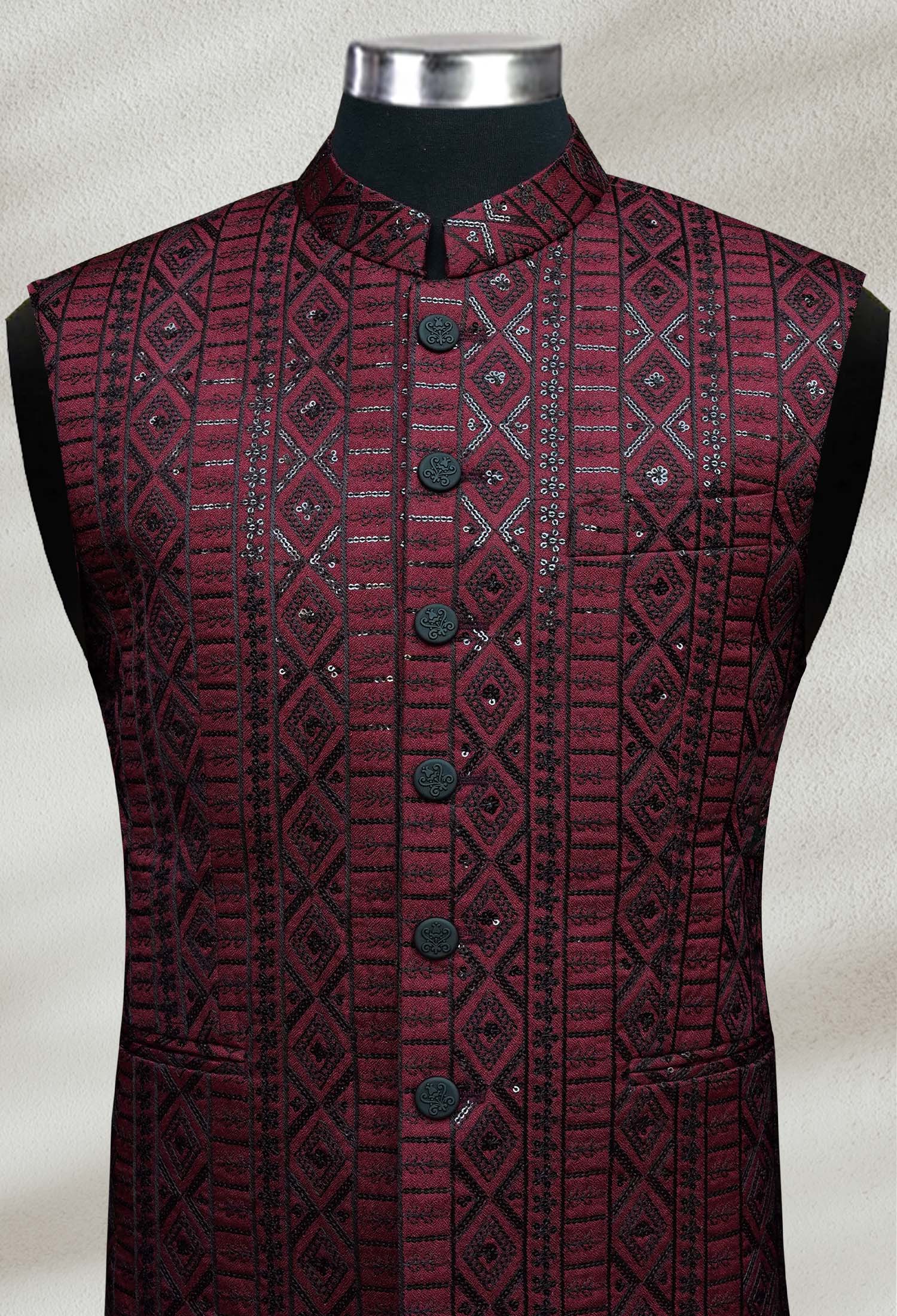 02 Sk Web Copy Deep Maroon Embroidered Waistcoat Deep Maroon Embroidered Waistcoat
