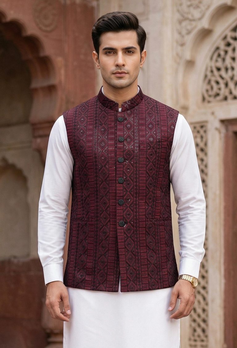 Deep Maroon Embroidered Waistcoat Deep Maroon Embroidered Waistcoat