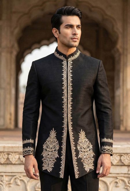 Jet Black Embroidered Prince Suit