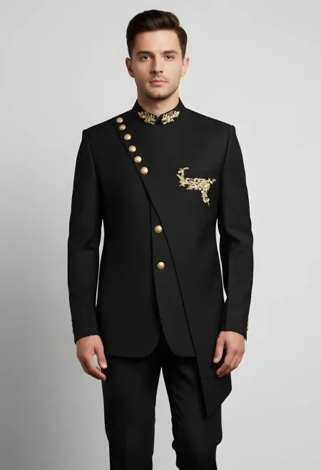 Jet Black Prince Coat with Zardozi Embroidery
