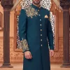 Regal Teal Sherwani with Majestic Golden Embroidery