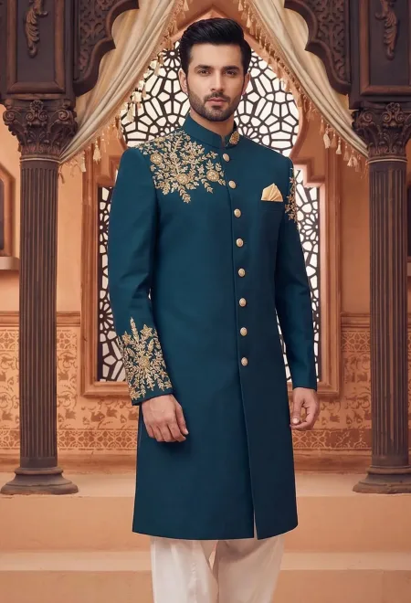 Regal Teal Sherwani with Majestic Golden Embroidery