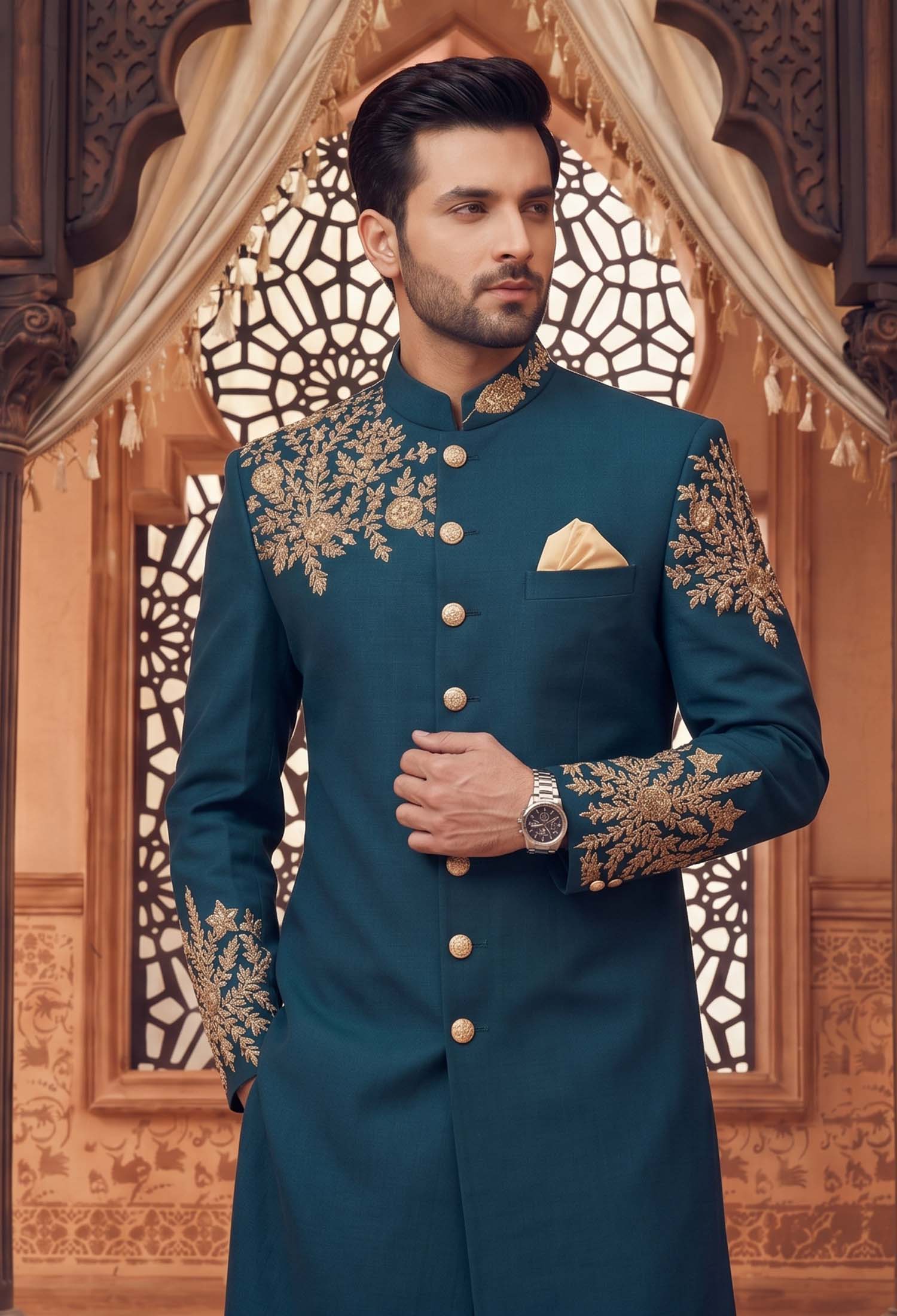 Teal Sherwani With Majestic Golden Embroidery For Groom Bespoke Teal Sherwani with Majestic Golden Embroidery for Groom Regal Teal Sherwani