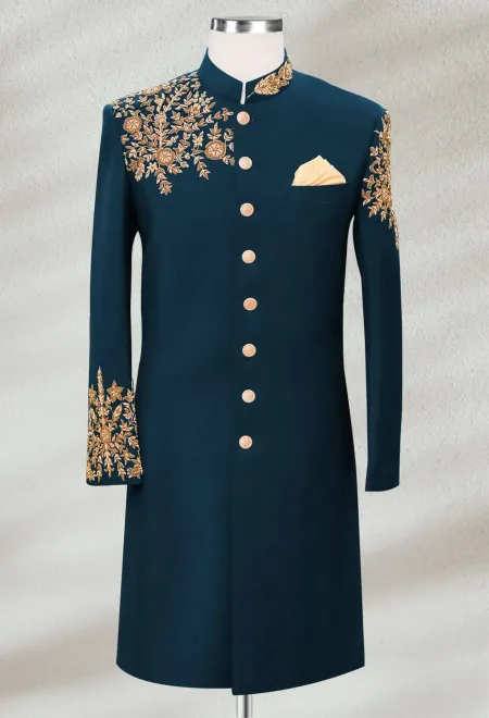 Regal Teal Sherwani with Majestic Golden Embroidery