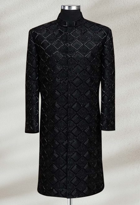 Black Embroidered Sherwani with Diamond Pattern