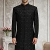 Black Embroidered Sherwani with Diamond Pattern Regal Teal Sherwani