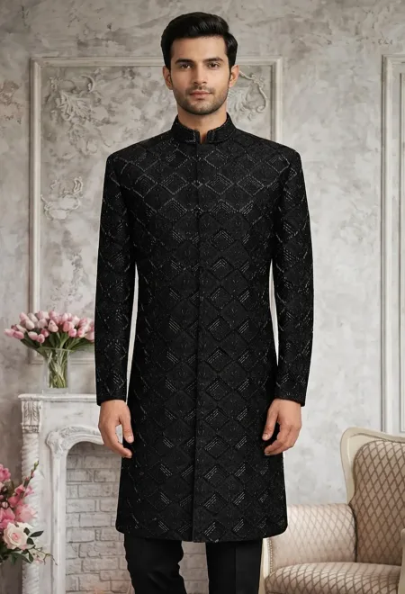 Black Embroidered Sherwani with Diamond Pattern
