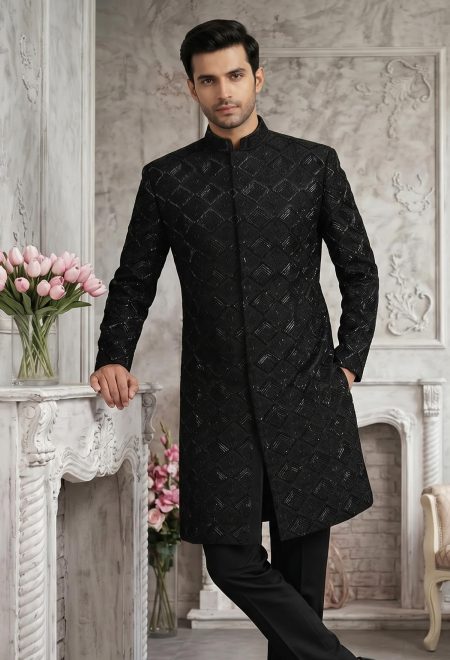 Custom Made Black Embroidered Sherwani with Diamond Pattern for Groom