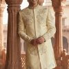 Traditional Off White Floral Embroidered Sherwani Black Embroidered Sherwani with Diamond Pattern