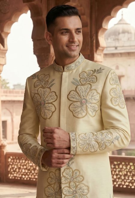 Traditional Off White Floral Embroidered Sherwani Off White Sherwani With Floral Embroidery Traditional Off White Floral Embroidered Sherwani Off White Sherwani with Floral Embroidery