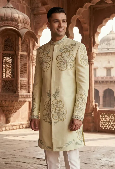 Off White Sherwani with Floral Embroidery