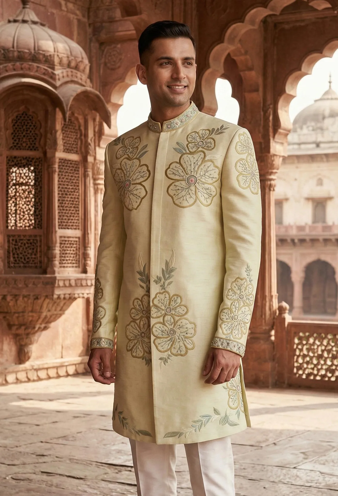 Off White Sherwani With Floral Embroidery Off White Sherwani with Floral Embroidery