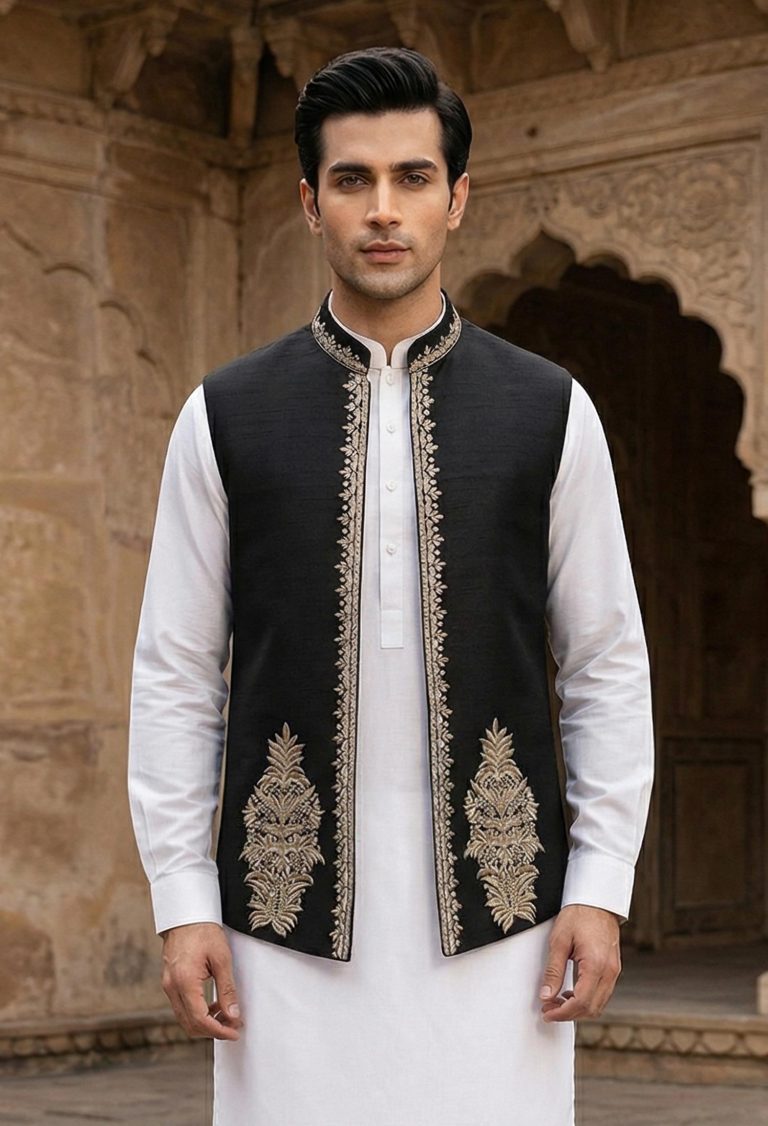 Jet Black Embroidered Waistcoat For Men Jet Black Waistcoat Jet Black Embroidered Waistcoat for Men Jet Black Waistcoat