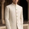 Regal Ivory Textured Prince Coat Zinc Green Embroidered Prince Coat