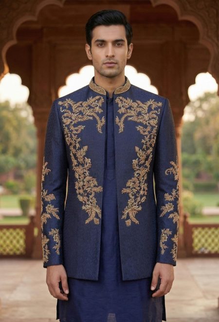 Midnight Blue Prince Coat with Golden Embroidery