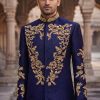 Midnight Blue Prince Coat with Golden Embroidery Moonlight Blue Embroidered Prince Coat