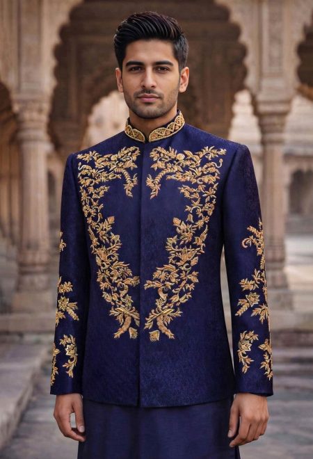 Midnight Blue Prince Coat with Golden Embroidery