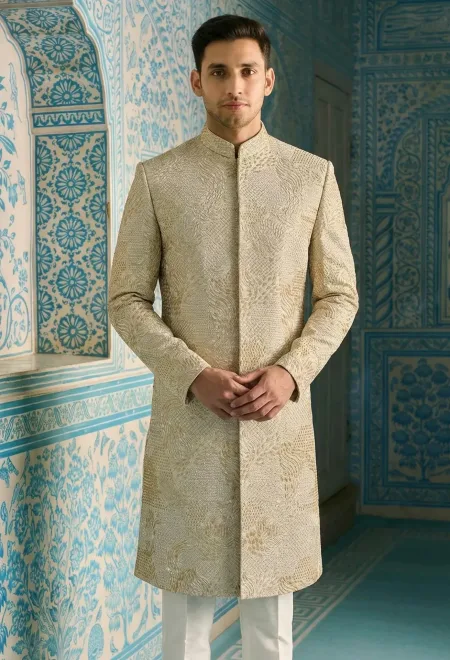 Ivory Golden Textured Sherwani