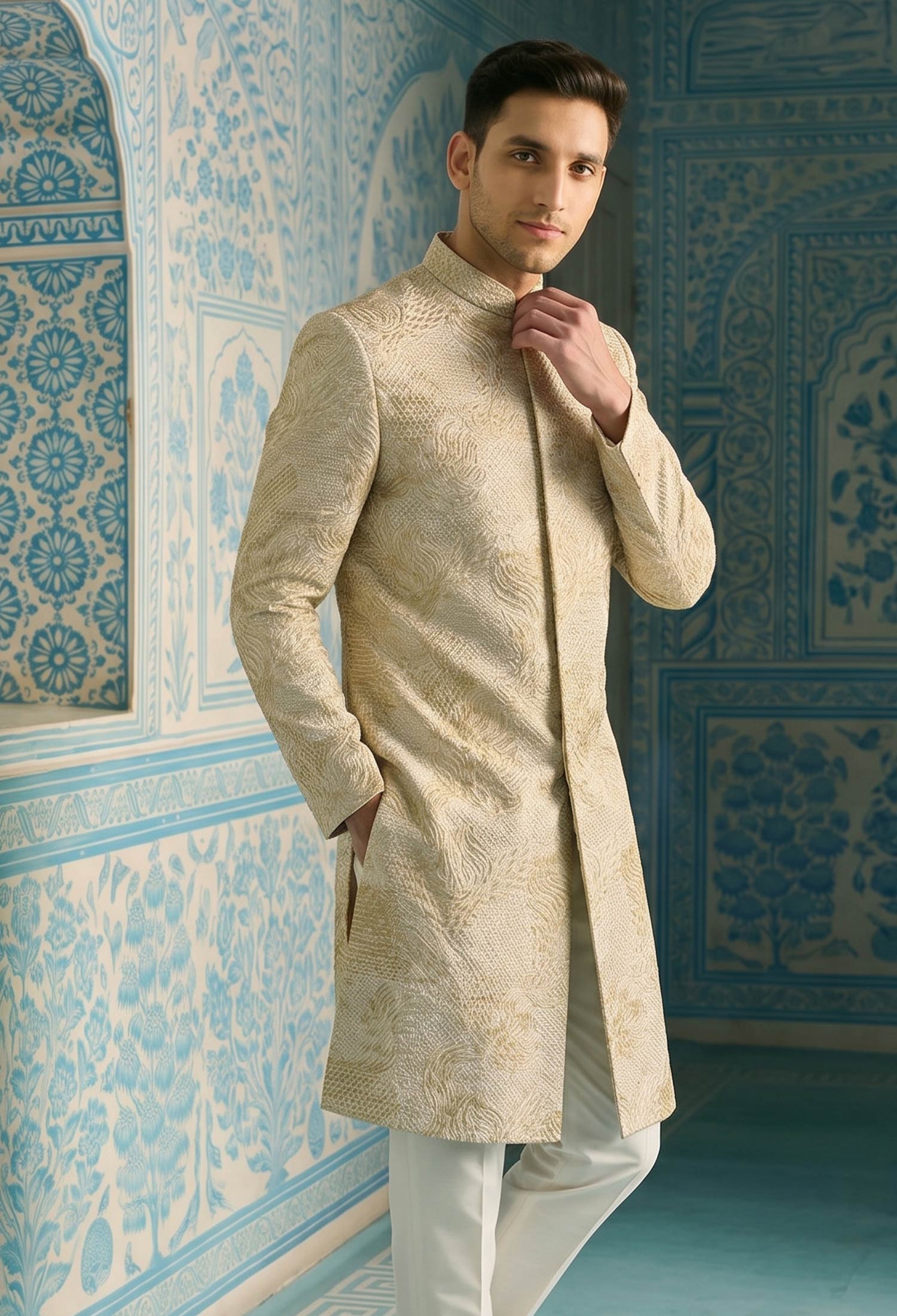 Ivory Golden Textured Sherwani For Groom 2 Signature Ivory Golden Textured Sherwani Ivory Golden Textured Sherwani