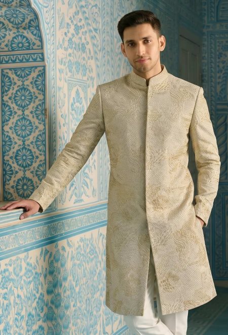 Signature Ivory Golden Textured Sherwani for Groom