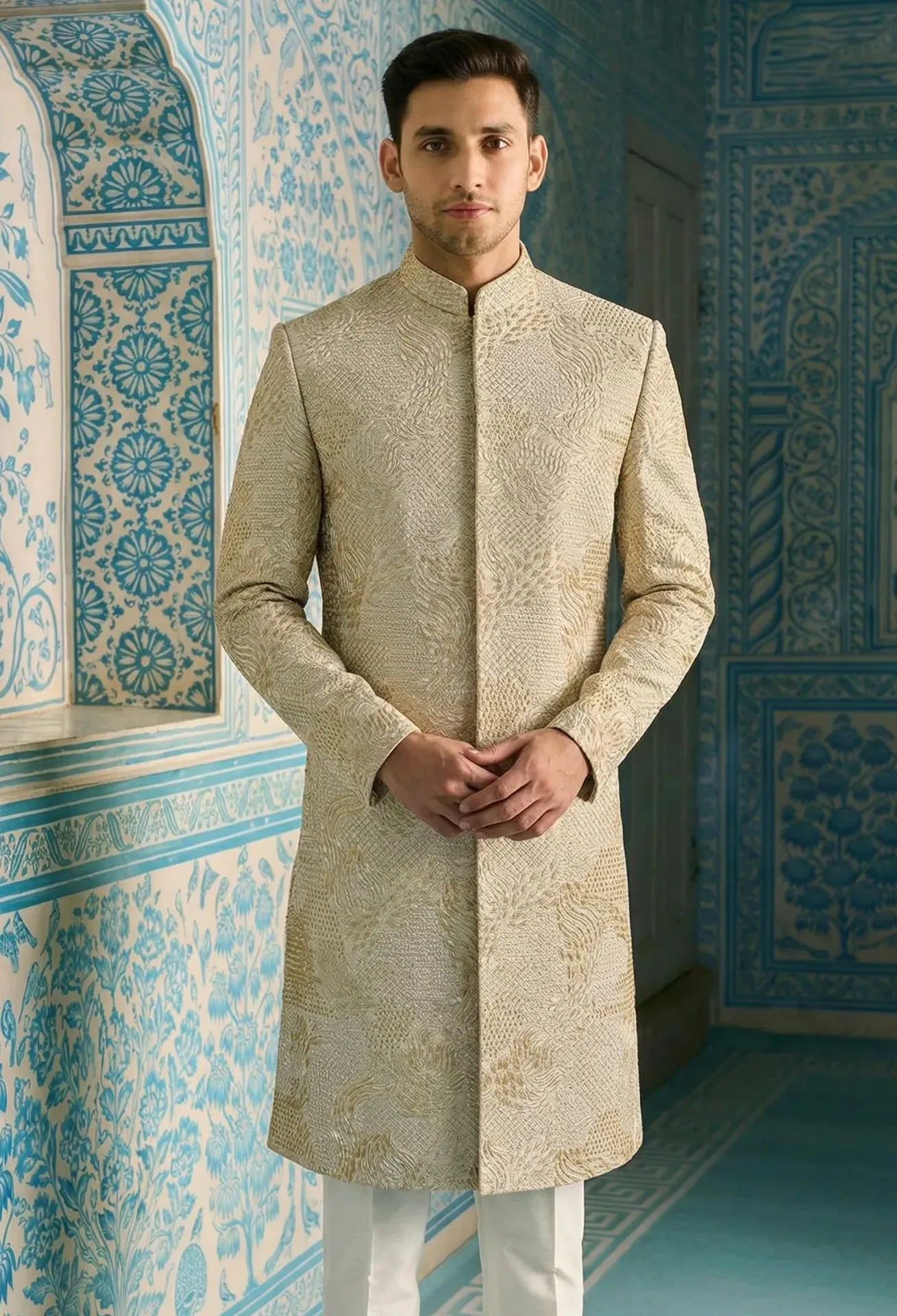 Ivory Golden Textured Sherwani Ivory Golden Textured Sherwani