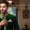 Get Stylish Mehndi Prince Coat Collection Online Golden Sherwani with Red Turban