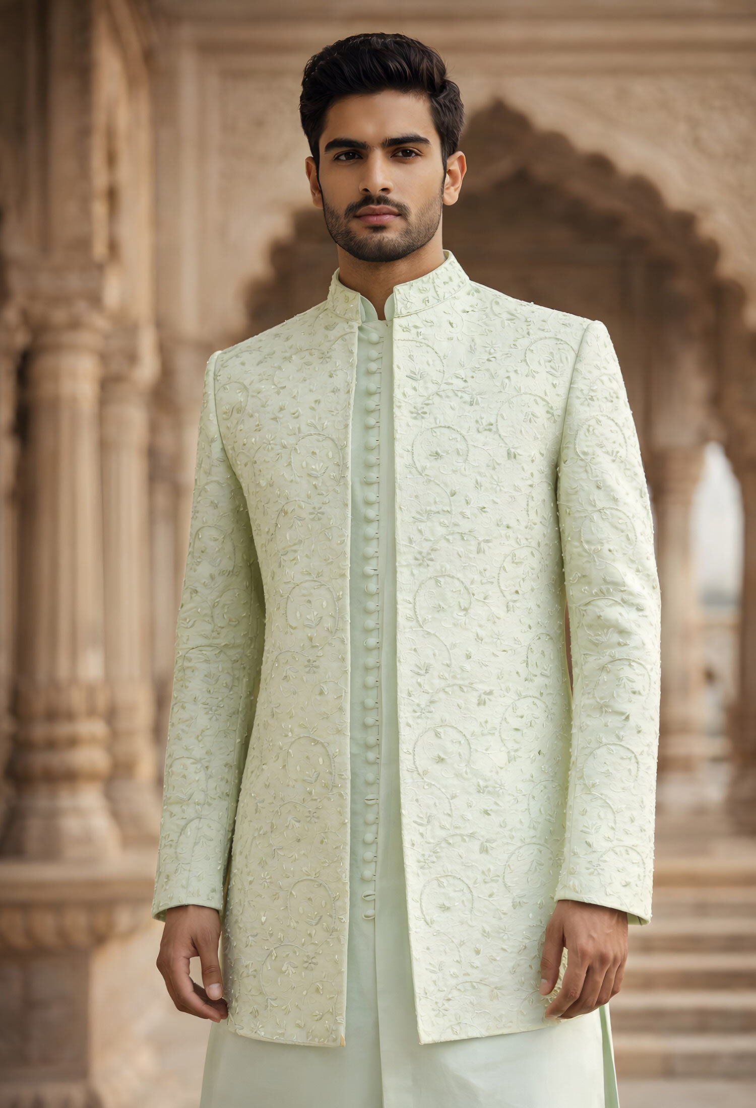 Off White Embroidered Prince Coat Classic Ivory Sherwani with Golden Embroidery Classic Ivory Sherwani
