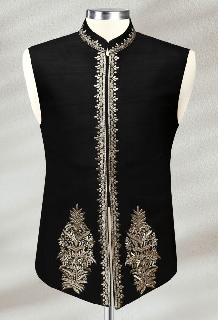 Jet Black Embroidered Waistcoat for Men