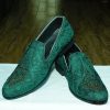 Handmade Deep Green Embroidered Loafer Light Beige Loafer