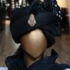 Black Turban with Embellished Feather Brooch White Embroidered Turban