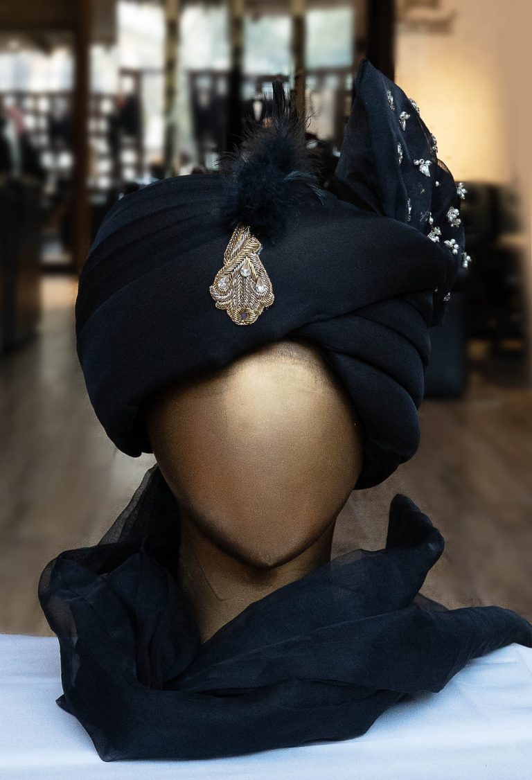 Black Turban with Embellished Feather Brooch