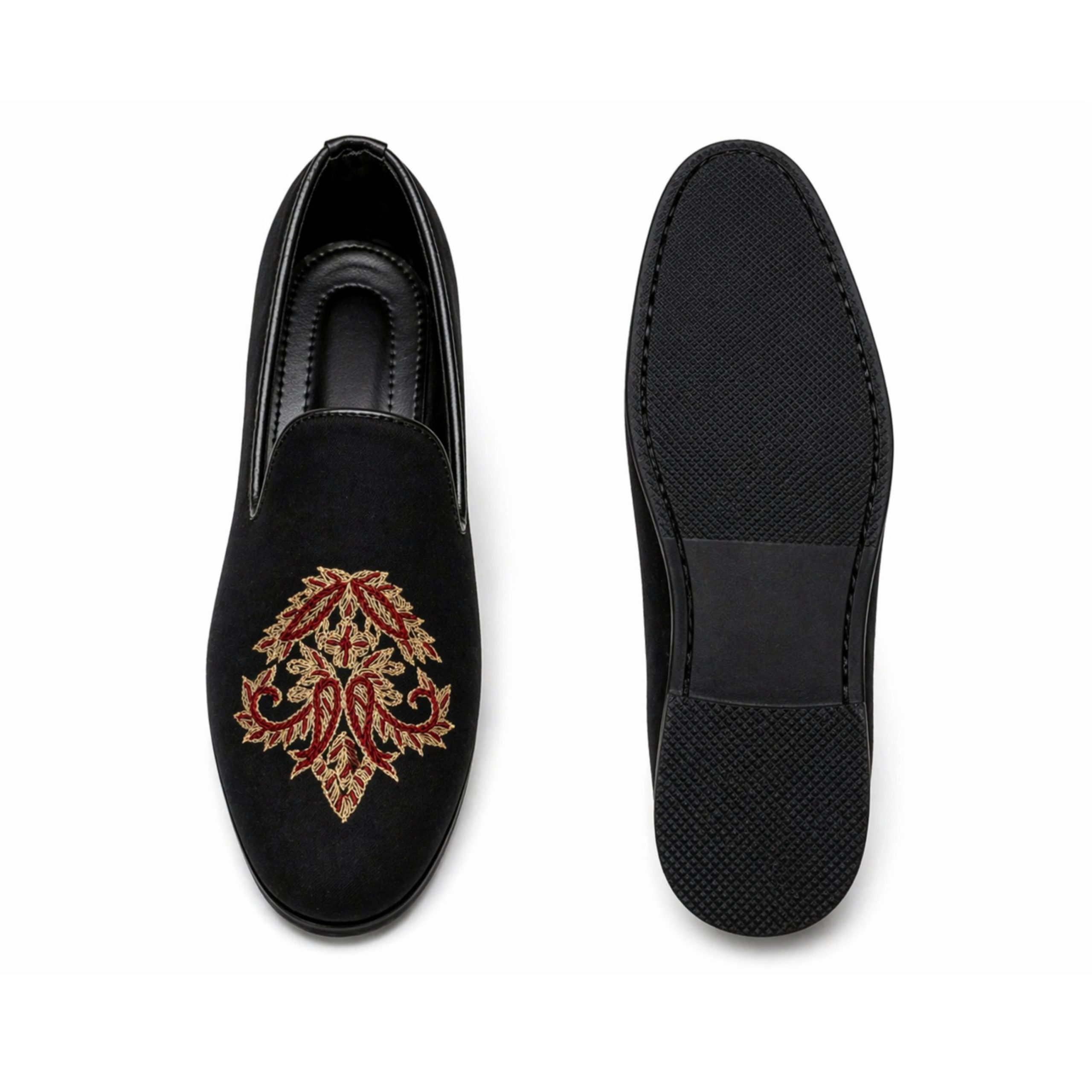 Black Loafer With Golden And Red Embroidery-1 Black Loafer with Golden and Red Embroidery Black Loafer with Golden and Red Embroidery