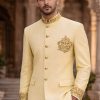 Pastel Yellow Royal Prince Coat Zinc Green Embroidered Prince Coat