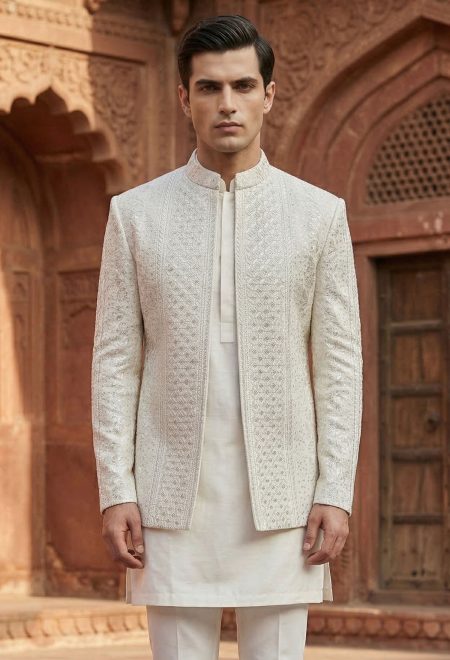 Off White Prince Coat with Embroidery