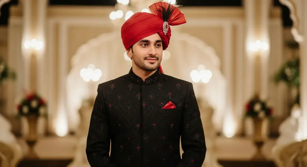 Why Every Groom Should Buy a Black Sherwani with Red Turban Black Sherwani with Red Turban