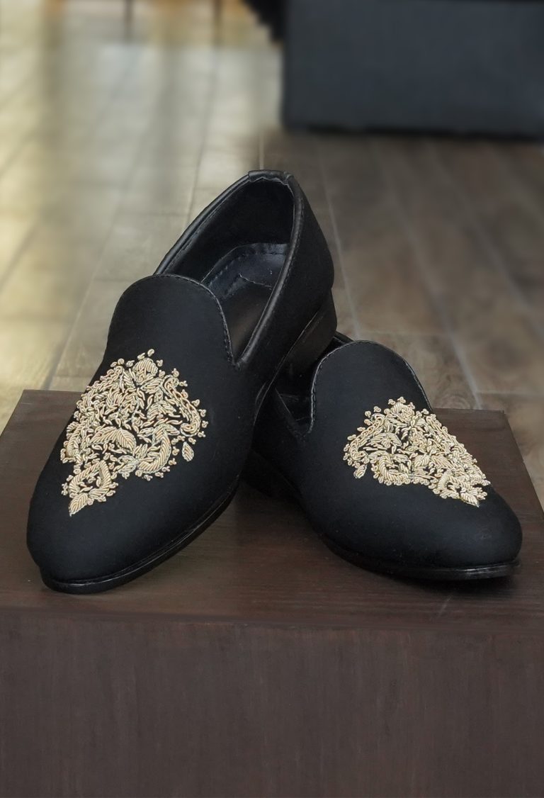 Handmade Black Loafer with Golden Embroidery