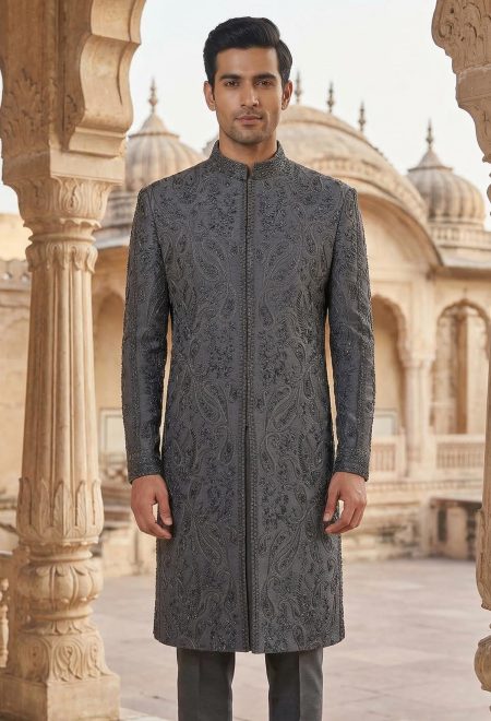 Grey Embroidered Sherwani