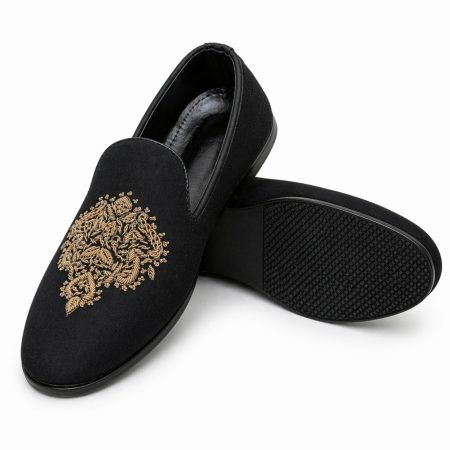 Handmade Black Loafer with Golden Embroidery