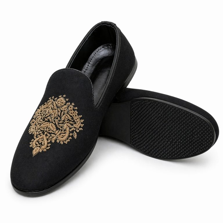 Handmade Black Loafer with Golden Embroidery