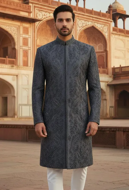 Grey Embroidered Sherwani