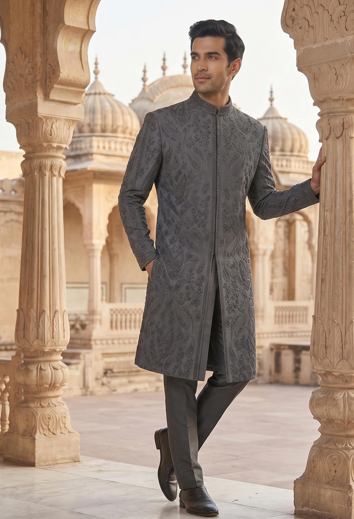 Grey Hand Embroidered Sherwani 2 Luxury Grey Hand Embroidered Sherwani Grey Embroidered Sherwani