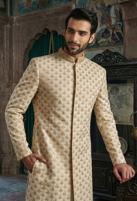 Modern Light Beige Embroidered Sherwani Light Beige Embroidered Sherwani